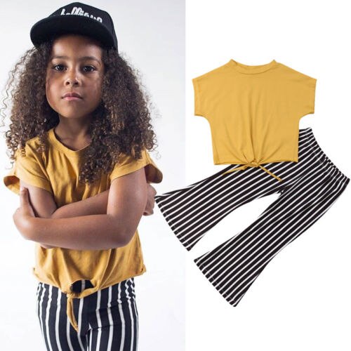 New Arrivels Summer Kids Stripe Clothse Baby Girls Short Sleeve T-shirt Striped Pants 2PCS Outfits Tracksuit - ebowsos