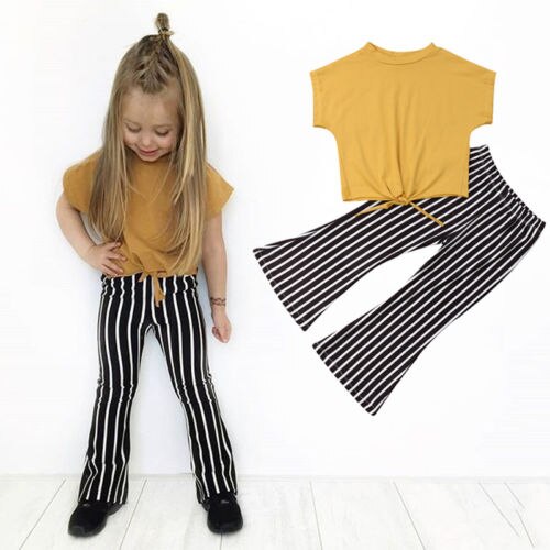 New Arrivels Summer Kids Stripe Clothse Baby Girls Short Sleeve T-shirt Striped Pants 2PCS Outfits Tracksuit - ebowsos