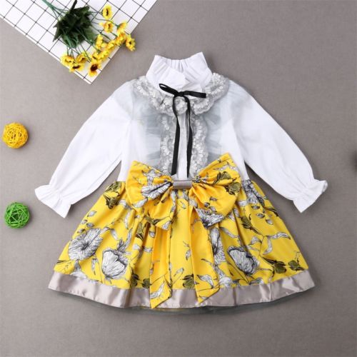 New Arrivels Toddler Baby Girls Lace Floral Princess Party Bow Shirt Tutu Dress Clothes - ebowsos