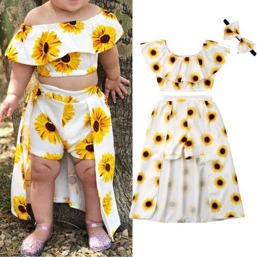 New Arrivels Toddler Kids Baby Girl Sunflower Crop Tops Shorts Dress Headband Outfits Sunsuit - ebowsos