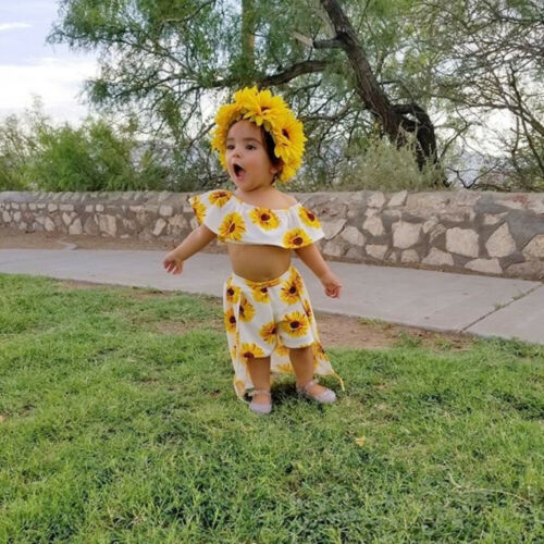 New Arrivels Toddler Kids Baby Girl Sunflower Crop Tops Shorts Dress Headband Outfits Sunsuit - ebowsos