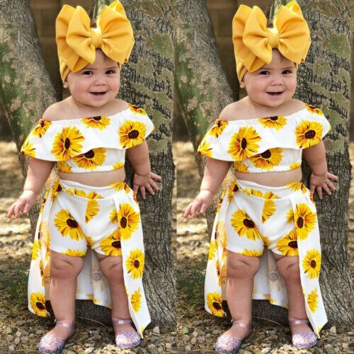 New Arrivels Toddler Kids Baby Girl Sunflower Crop Tops Shorts Dress Headband Outfits Sunsuit - ebowsos