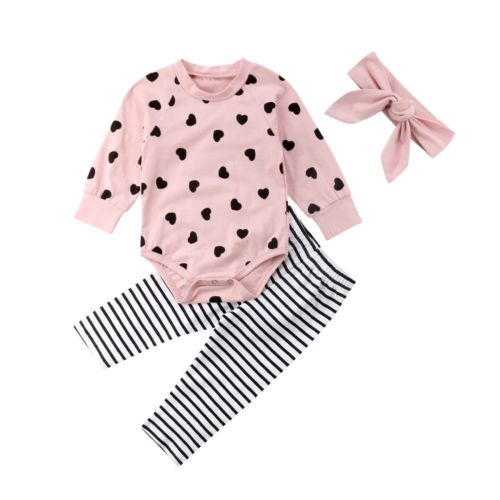 New Autumn Winter Newborn Infant Baby Girl Clothes Set 3PCS Long Sleeve Heart Pink Romper Tops Striped Pants+Headband - ebowsos