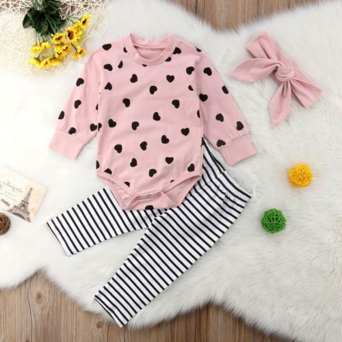 New Autumn Winter Newborn Infant Baby Girl Clothes Set 3PCS Long Sleeve Heart Pink Romper Tops Striped Pants+Headband - ebowsos