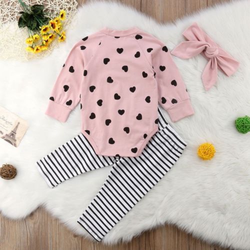 New Autumn Winter Newborn Infant Baby Girl Clothes Set 3PCS Long Sleeve Heart Pink Romper Tops Striped Pants+Headband - ebowsos