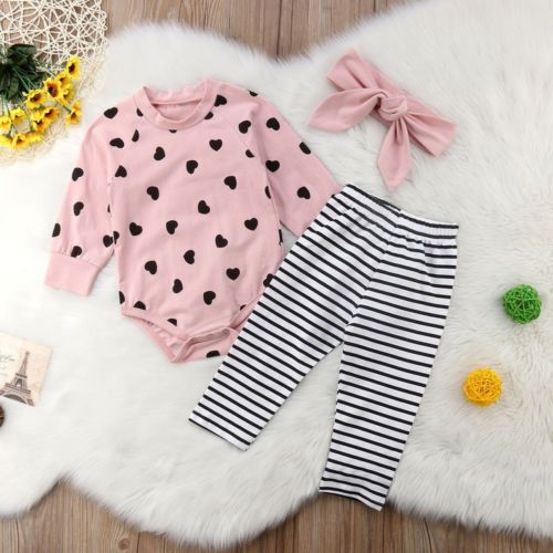 New Autumn Winter Newborn Infant Baby Girl Clothes Set 3PCS Long Sleeve Heart Pink Romper Tops Striped Pants+Headband - ebowsos