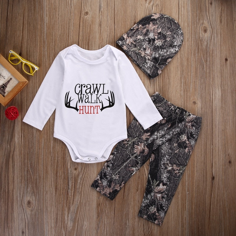 New Baby Boys Girls Clothes Sets Letter Cotton Long Sleeve Tops Romper Pants Hat Outfits Set Clothes - ebowsos