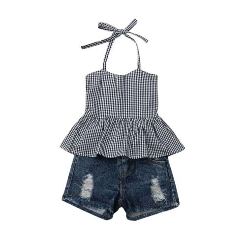 New Baby Girl Checked Top Shirt Denim Jeans Shorts Toddler Kid Clothes 2Pcs Outfit - ebowsos