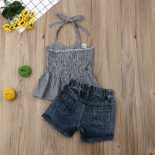 New Baby Girl Checked Top Shirt Denim Jeans Shorts Toddler Kid Clothes 2Pcs Outfit - ebowsos