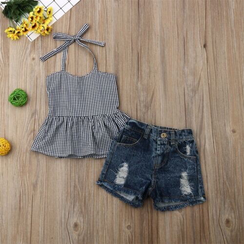 New Baby Girl Checked Top Shirt Denim Jeans Shorts Toddler Kid Clothes 2Pcs Outfit - ebowsos