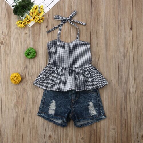 New Baby Girl Checked Top Shirt Denim Jeans Shorts Toddler Kid Clothes 2Pcs Outfit - ebowsos