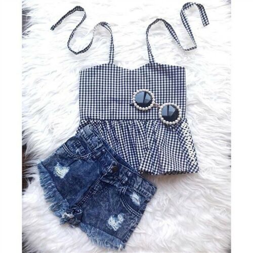 New Baby Girl Checked Top Shirt Denim Jeans Shorts Toddler Kid Clothes 2Pcs Outfit - ebowsos