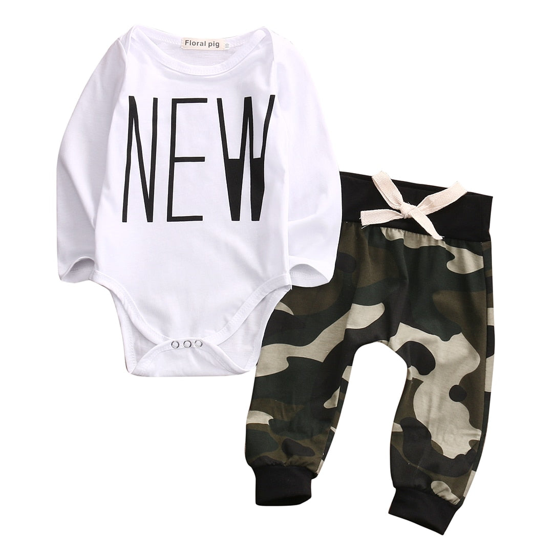 New Camouflage Newborn Baby Boys Kids Romper Top+Long Pants Outfit Clothes Sets - ebowsos