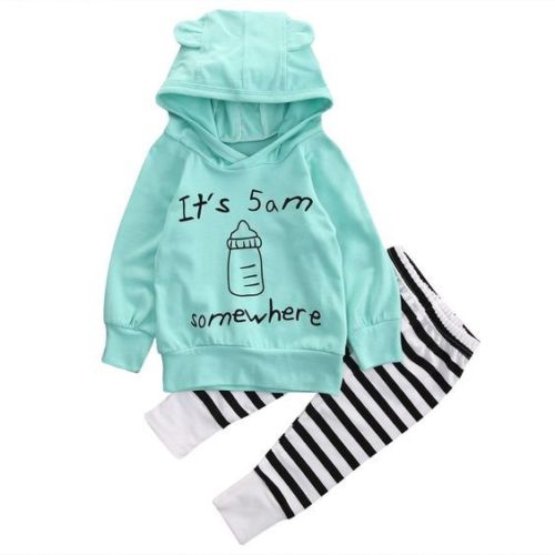 New Casual Newborn Baby Kids Boy Girl Clothes Long Sleeve Hooded Tops T-shirt+Pants Outfit 2Pcs Set - ebowsos