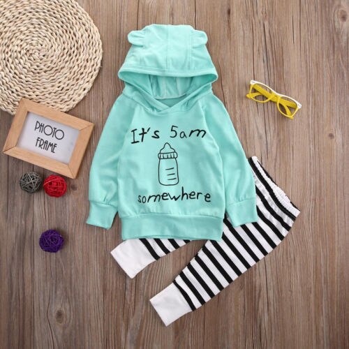 New Casual Newborn Baby Kids Boy Girl Clothes Long Sleeve Hooded Tops T-shirt+Pants Outfit 2Pcs Set - ebowsos