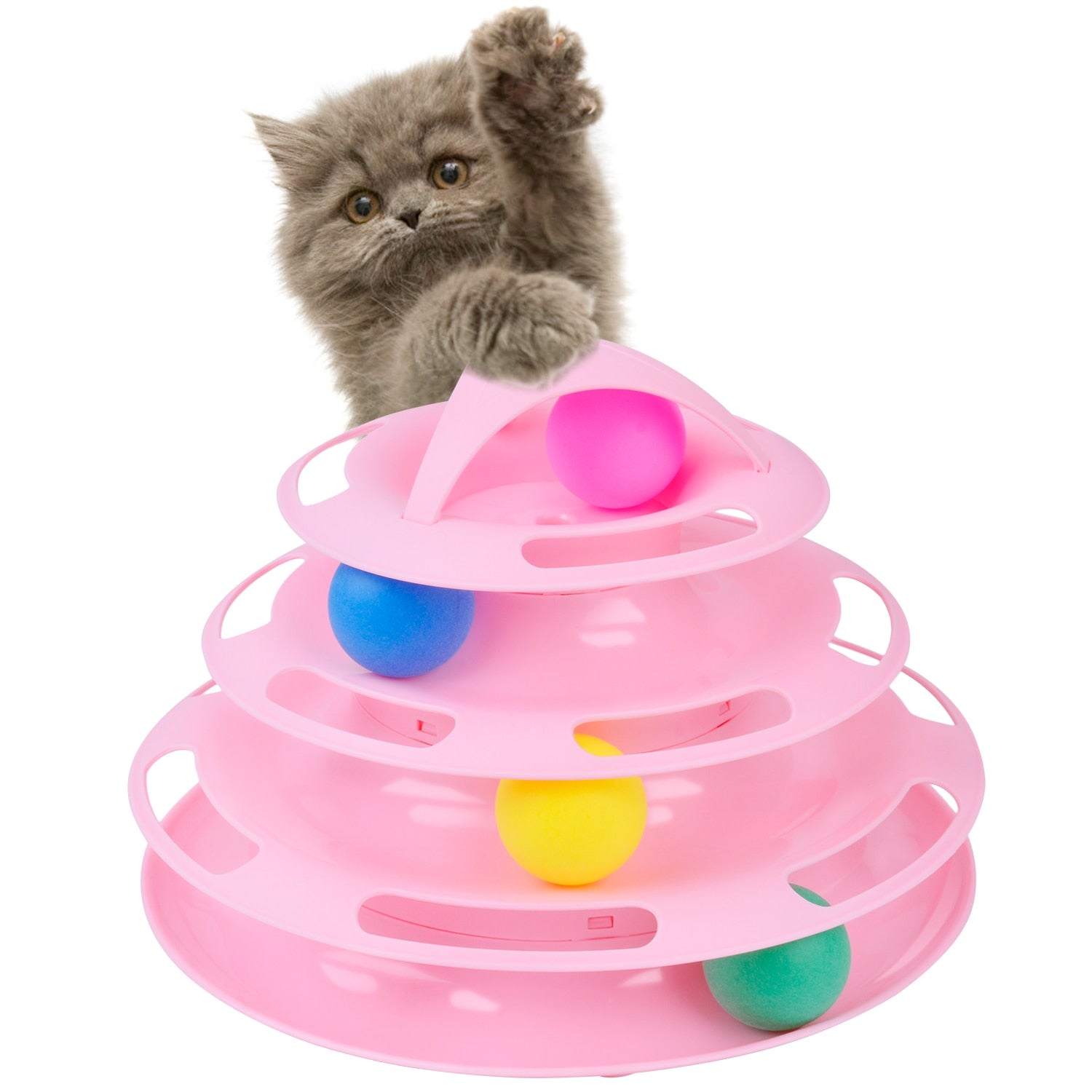 New Creative Four-Layer Puzzle Play Track Tower Turntable Cat Ball Toy Pet Interactive Toy Supplies Pink Blue White-ebowsos