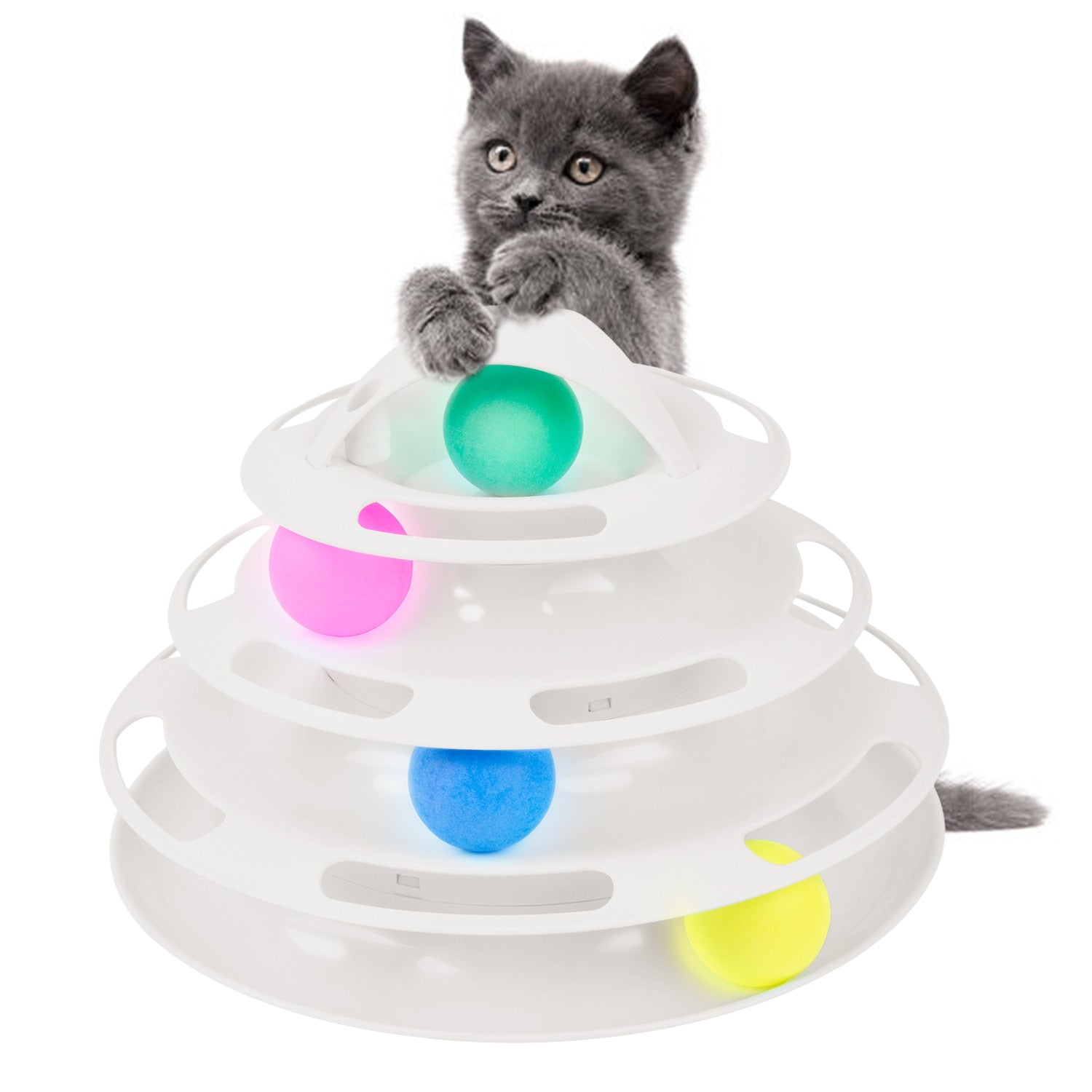 New Creative Four-Layer Puzzle Play Track Tower Turntable Cat Ball Toy Pet Interactive Toy Supplies Pink Blue White-ebowsos