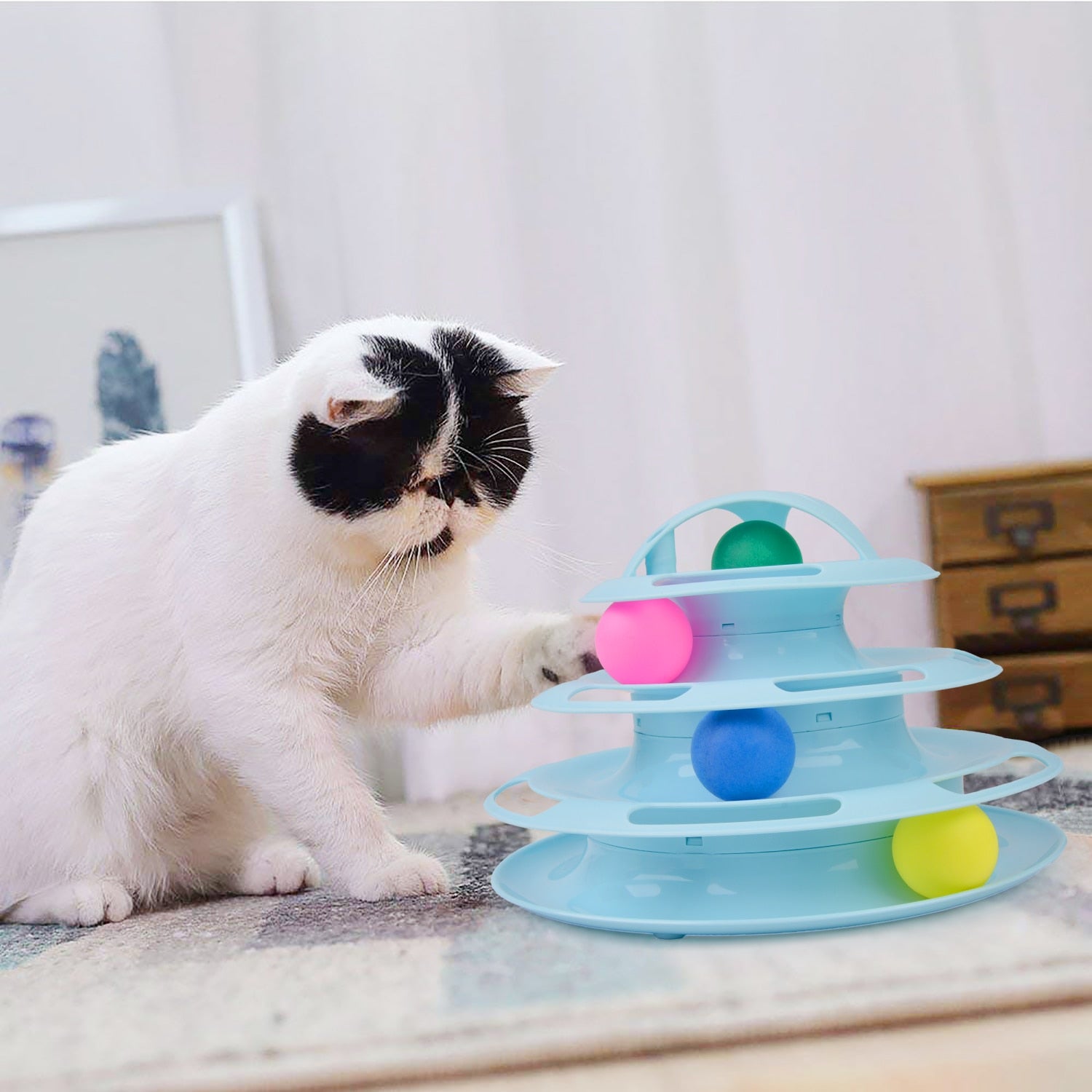 New Creative Four-Layer Puzzle Play Track Tower Turntable Cat Ball Toy Pet Interactive Toy Supplies Pink Blue White-ebowsos