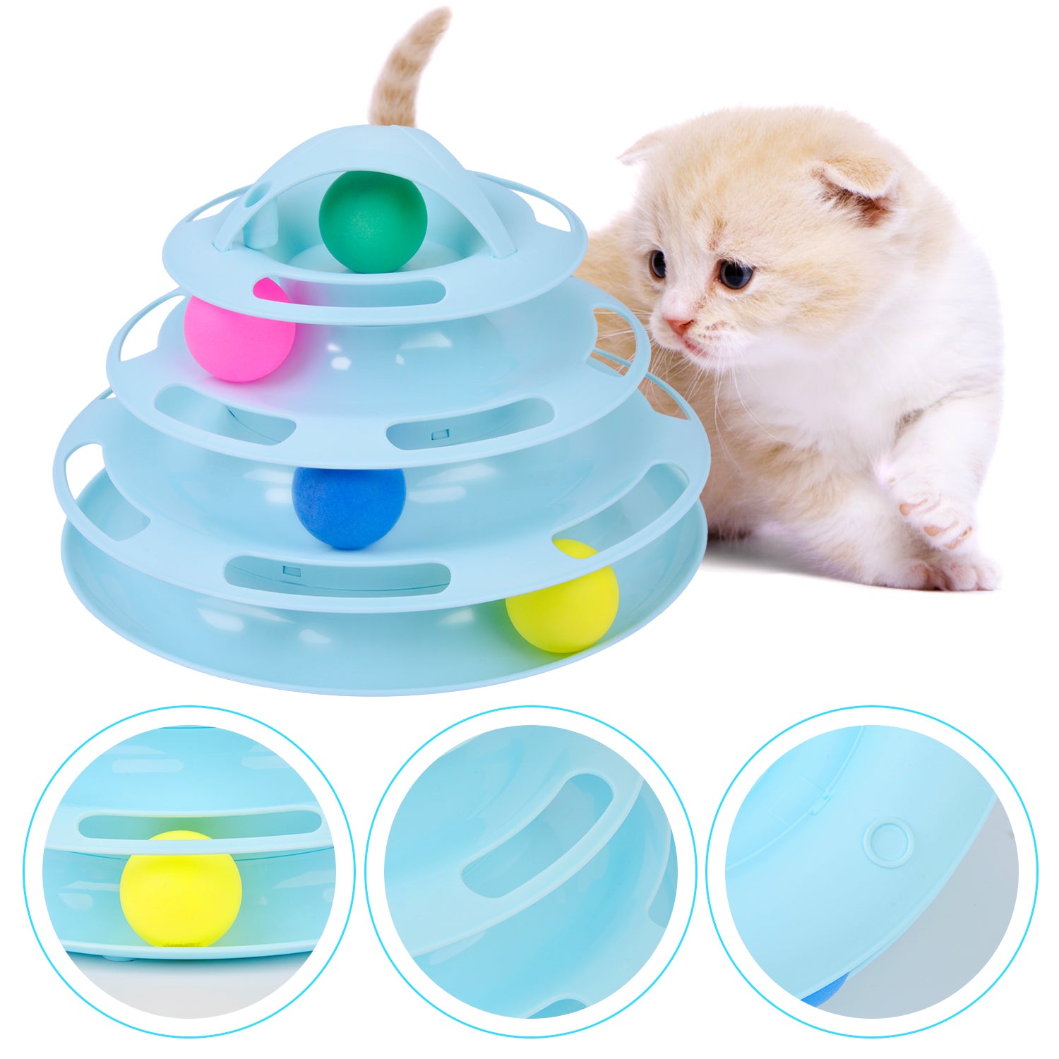 New Creative Four-Layer Puzzle Play Track Tower Turntable Cat Ball Toy Pet Interactive Toy Supplies Pink Blue White-ebowsos