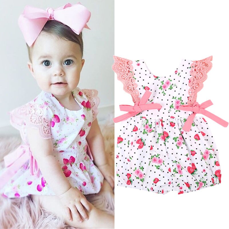 New Cute Kids Baby Girls Romper Off Shoulder O-Neck Polka Dot Floral Dress Outfits Clothes Sunsuit Clothes - ebowsos