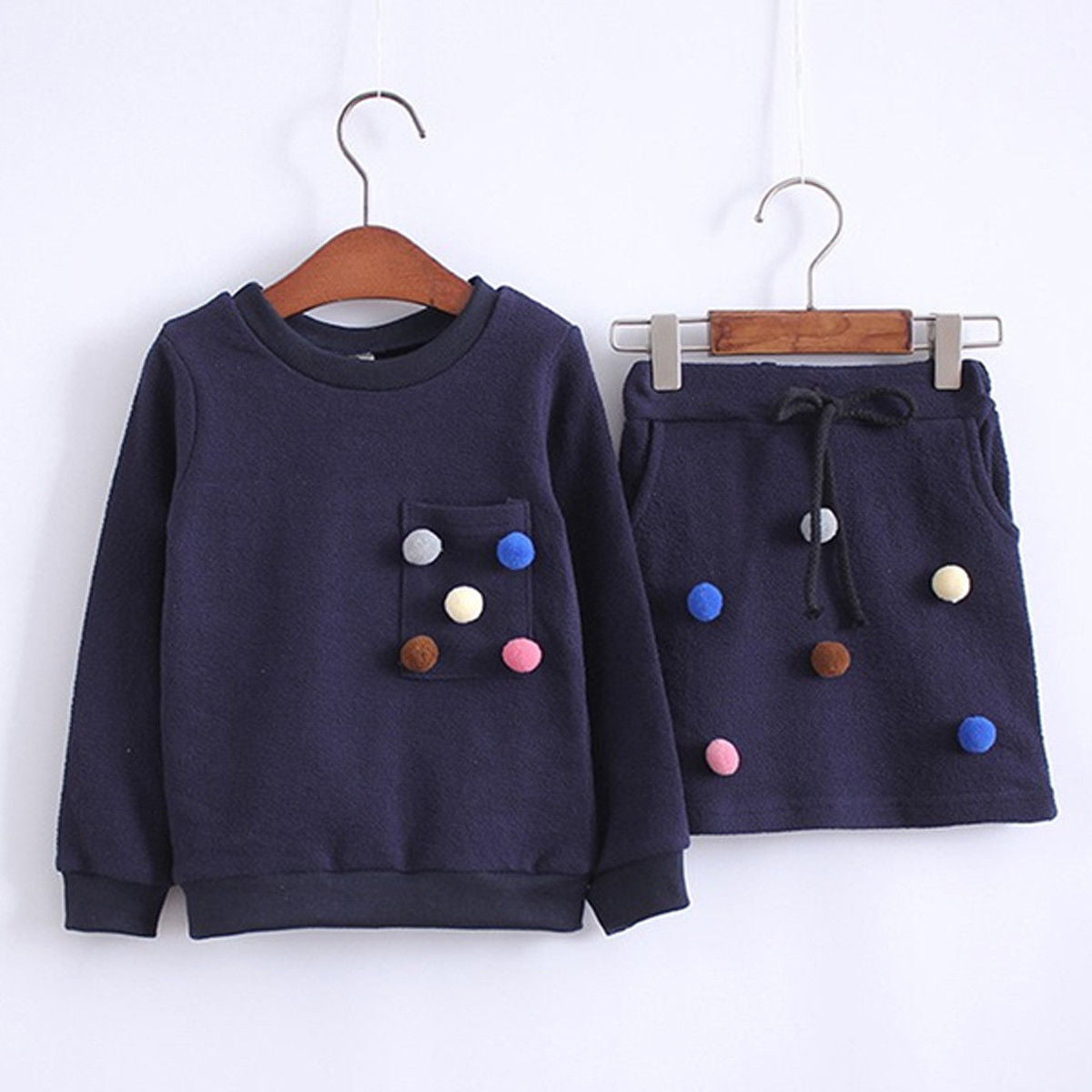 New Fashion Toddler Baby Girls Clothes Sets 2PCS Long Sleeve Solid With Balls Sweatshirts Tops +Mini Skirts Sets 1-6Y - ebowsos