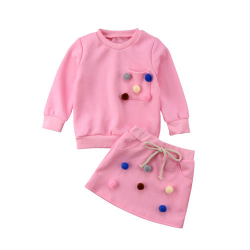 New Fashion Toddler Baby Girls Clothes Sets 2PCS Long Sleeve Solid With Balls Sweatshirts Tops +Mini Skirts Sets 1-6Y - ebowsos