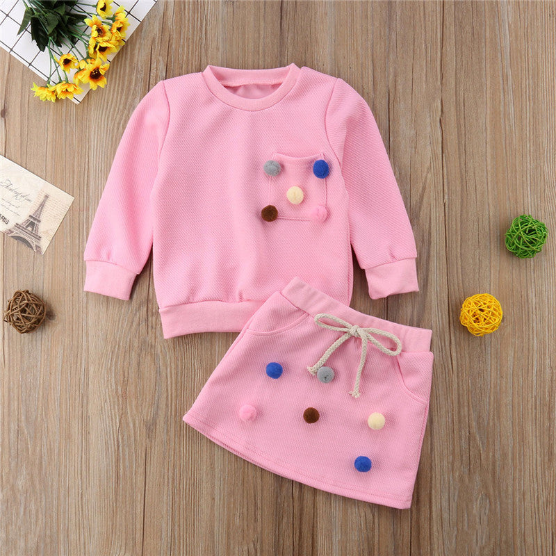 New Fashion Toddler Baby Girls Clothes Sets 2PCS Long Sleeve Solid With Balls Sweatshirts Tops +Mini Skirts Sets 1-6Y - ebowsos