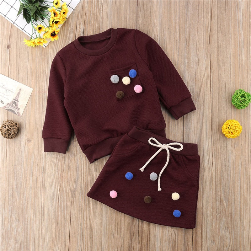 New Fashion Toddler Baby Girls Clothes Sets 2PCS Long Sleeve Solid With Balls Sweatshirts Tops +Mini Skirts Sets 1-6Y - ebowsos