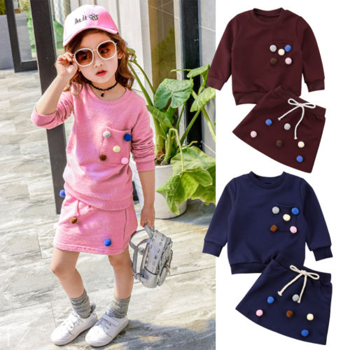 New Fashion Toddler Baby Girls Clothes Sets 2PCS Long Sleeve Solid With Balls Sweatshirts Tops +Mini Skirts Sets 1-6Y - ebowsos