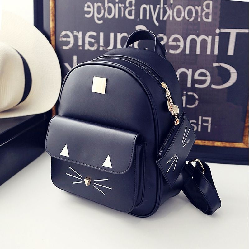New Fashion Women's Cute Cat Backpack PU Leather Shoulder Bag School bag Casual Daypack - ebowsos