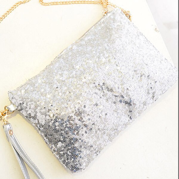 New Glitter Bling Sparkling Sequins Clutch Handbag Purse Evening Party Shoulder Bag, Silver - ebowsos