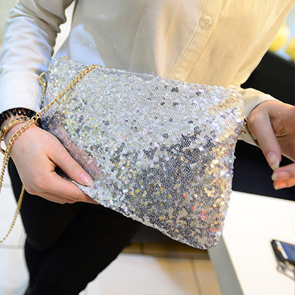 New Glitter Bling Sparkling Sequins Clutch Handbag Purse Evening Party Shoulder Bag, Silver - ebowsos