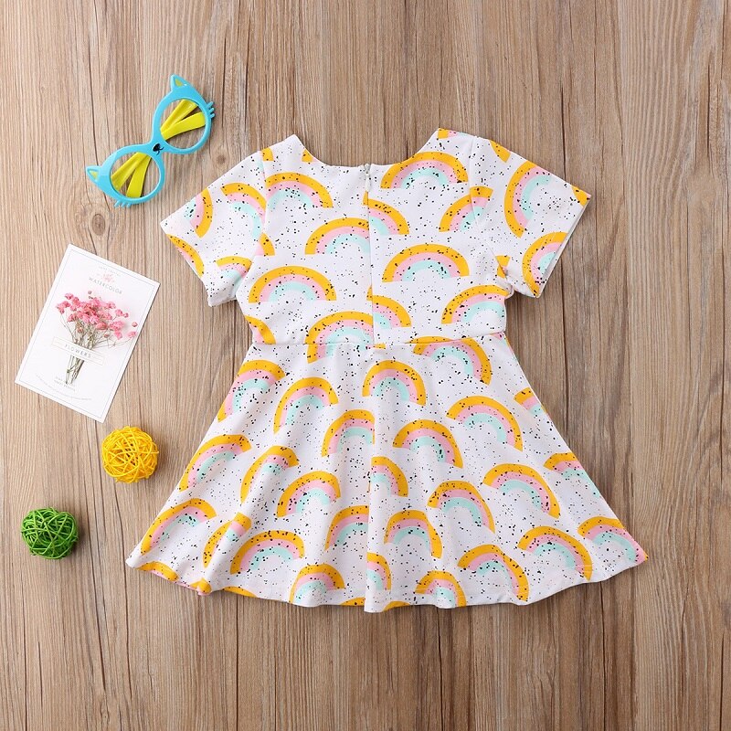 New Hot Summer Newborn Baby Girls Short Sleeve Dresses Rainbow Little Dots Print Dress Outfits Clothes - ebowsos