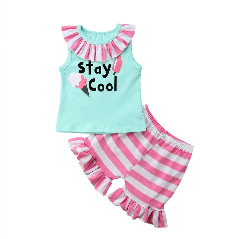 New Ice Cream Kids Baby Girl Striped Vest Stay Cool Green Tops T-shirt+Striped Shorts Pants 2Pcs Outfits Clothes Summer Sunsuit - ebowsos