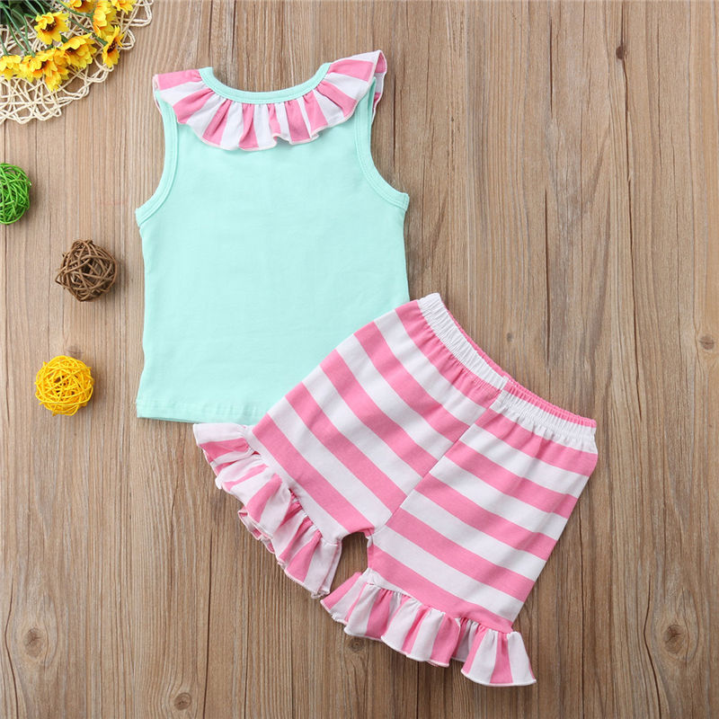 New Ice Cream Kids Baby Girl Striped Vest Stay Cool Green Tops T-shirt+Striped Shorts Pants 2Pcs Outfits Clothes Summer Sunsuit - ebowsos