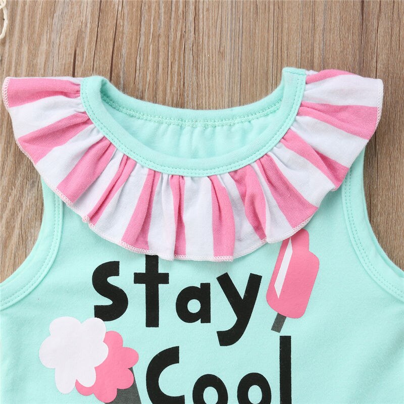 New Ice Cream Kids Baby Girl Striped Vest Stay Cool Green Tops T-shirt+Striped Shorts Pants 2Pcs Outfits Clothes Summer Sunsuit - ebowsos