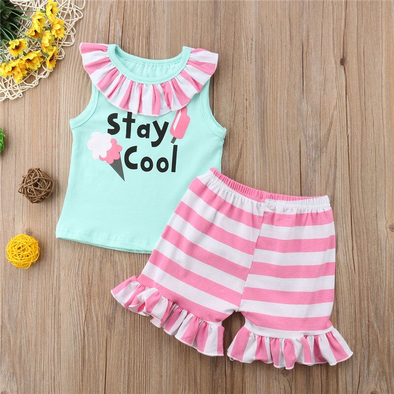 New Ice Cream Kids Baby Girl Striped Vest Stay Cool Green Tops T-shirt+Striped Shorts Pants 2Pcs Outfits Clothes Summer Sunsuit - ebowsos