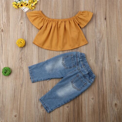 New Kids Baby Girl Clothes Off Shoulder Tops Jeans Denim Pants 2Pcs Outfits - ebowsos