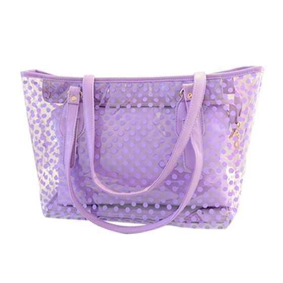 New Ladies Dots Pattern Transparent Zipper Panel Design Carrying Bag with Pocket, One Size - ebowsos
