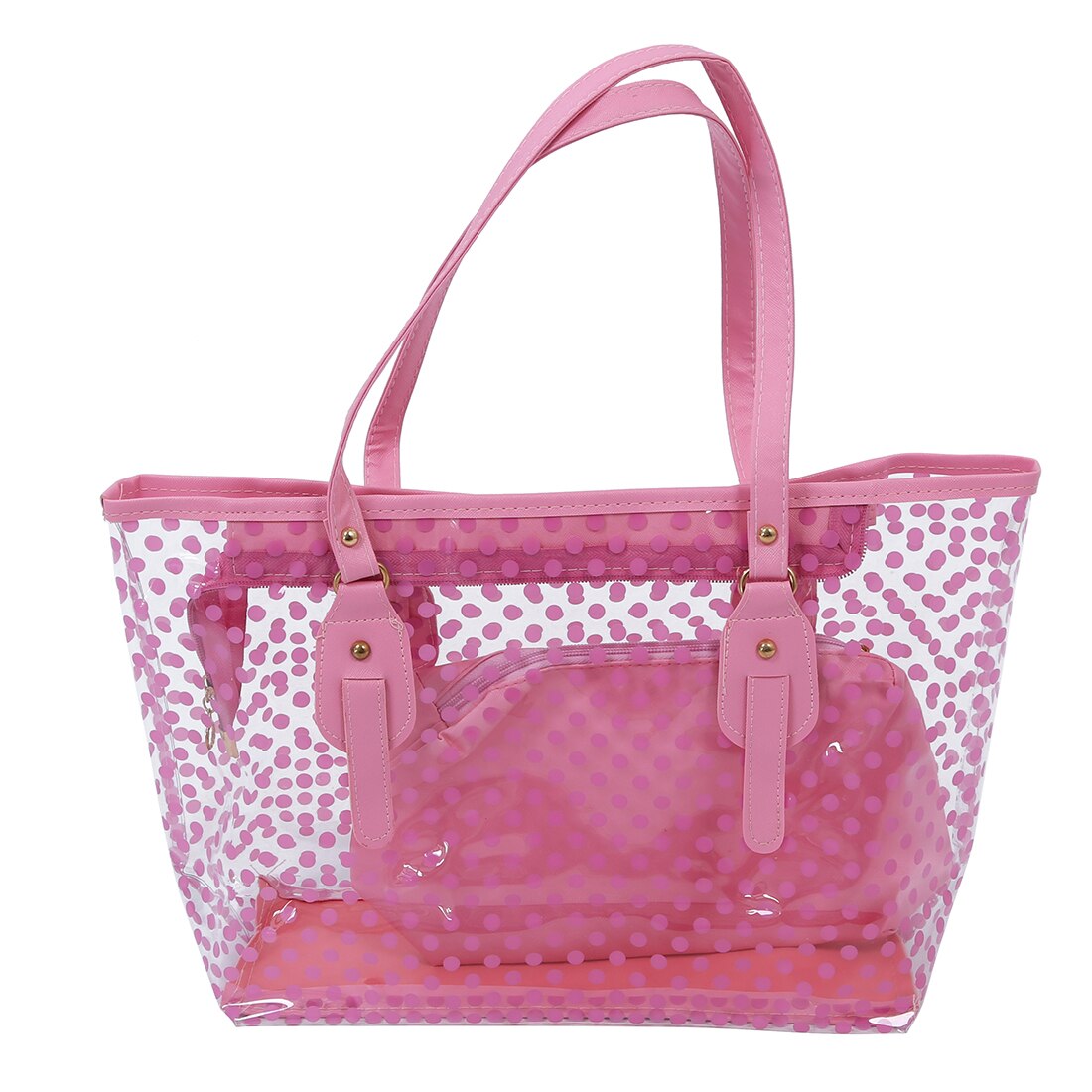 New Ladies Dots Pattern Transparent Zipper Panel Design Carrying Bag with Pocket, One Size - ebowsos