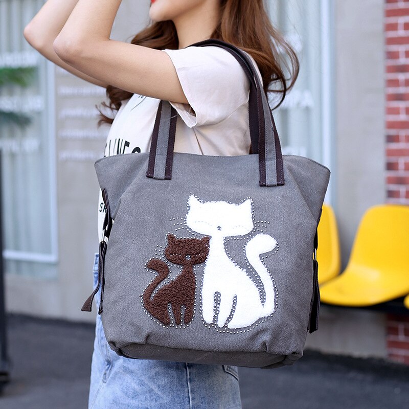 New Lovely Canvas Cat Tote Bag Casual Handbag Shopping Bag Shoulder Bags Large Totes(gray) - ebowsos