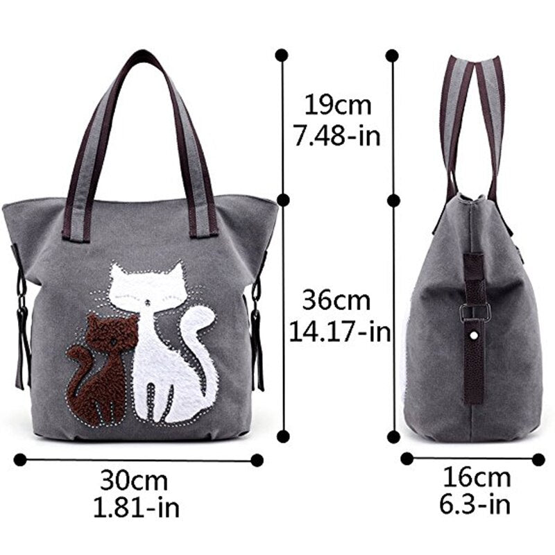 New Lovely Canvas Cat Tote Bag Casual Handbag Shopping Bag Shoulder Bags Large Totes(gray) - ebowsos