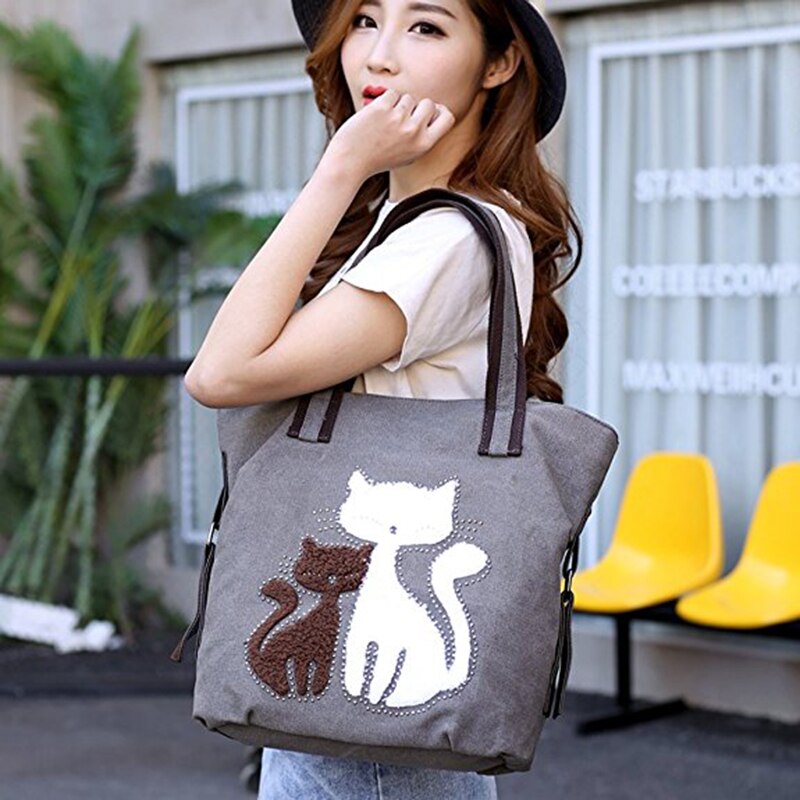 New Lovely Canvas Cat Tote Bag Casual Handbag Shopping Bag Shoulder Bags Large Totes(gray) - ebowsos