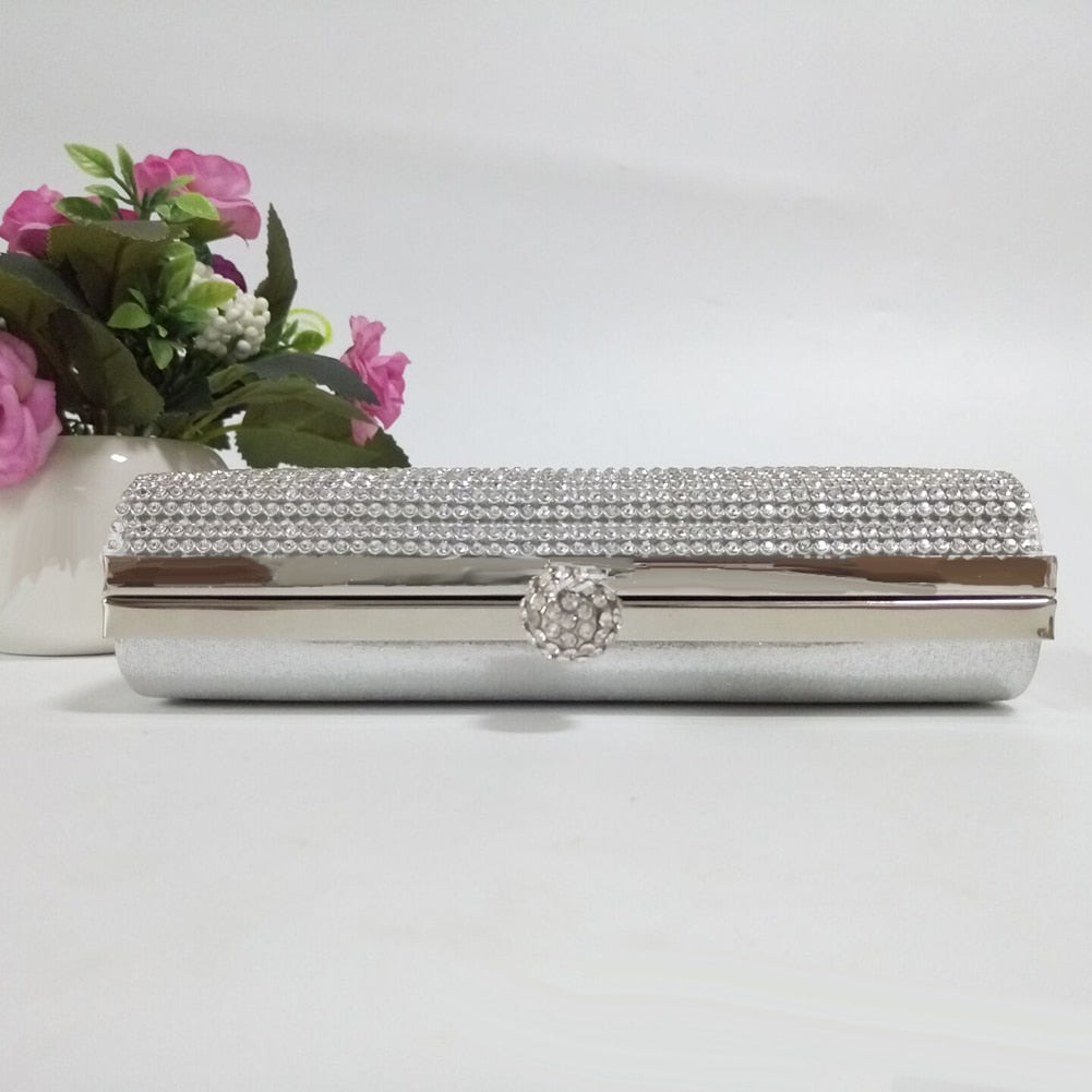 New New Silver Diamante Diamond Crystal Evening bag Clutch Purse Party Prom Wedding - ebowsos