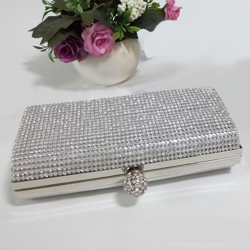 New New Silver Diamante Diamond Crystal Evening bag Clutch Purse Party Prom Wedding - ebowsos
