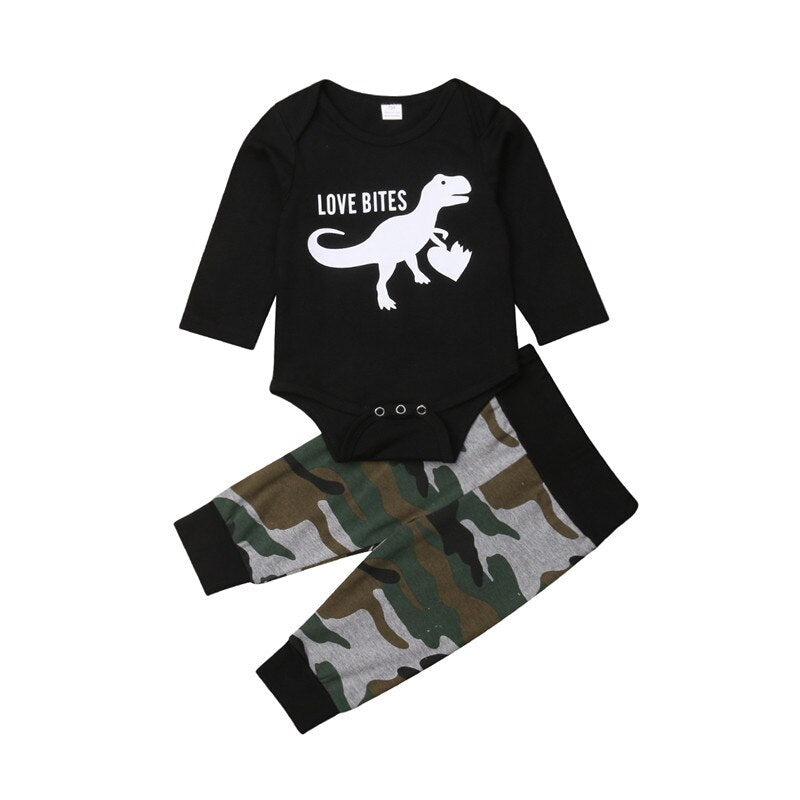 New Newborn Toddler Baby Boy Casual 2PCS Sets Dinosaur Print Long Sleeve Cotton Romper Tops+Camouflage Pants Clothes - ebowsos