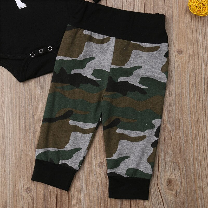 New Newborn Toddler Baby Boy Casual 2PCS Sets Dinosaur Print Long Sleeve Cotton Romper Tops+Camouflage Pants Clothes - ebowsos