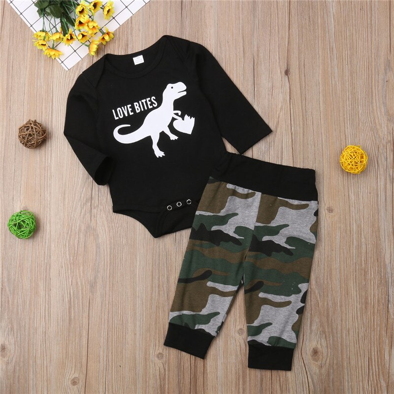 New Newborn Toddler Baby Boy Casual 2PCS Sets Dinosaur Print Long Sleeve Cotton Romper Tops+Camouflage Pants Clothes - ebowsos