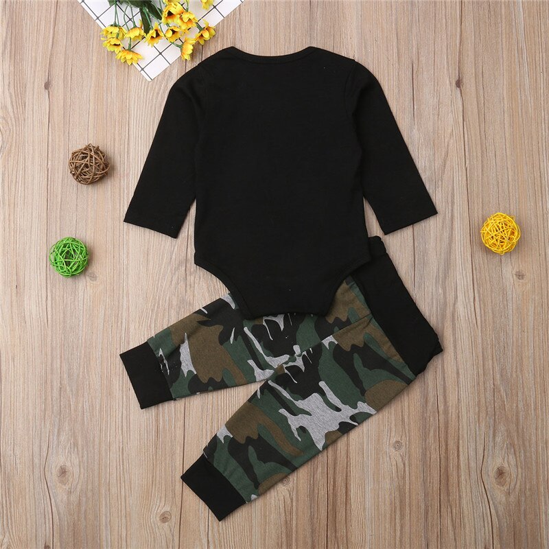 New Newborn Toddler Baby Boy Casual 2PCS Sets Dinosaur Print Long Sleeve Cotton Romper Tops+Camouflage Pants Clothes - ebowsos