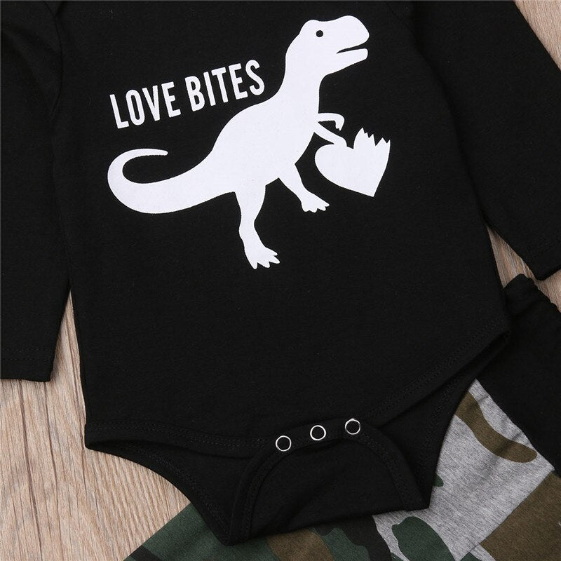 New Newborn Toddler Baby Boy Casual 2PCS Sets Dinosaur Print Long Sleeve Cotton Romper Tops+Camouflage Pants Clothes - ebowsos